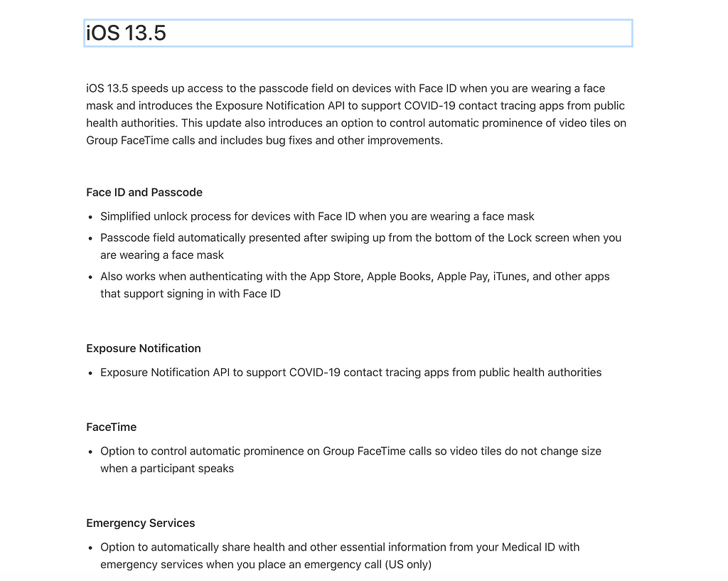 A photo snippet about iOS 13.5 update found on Apple’s website