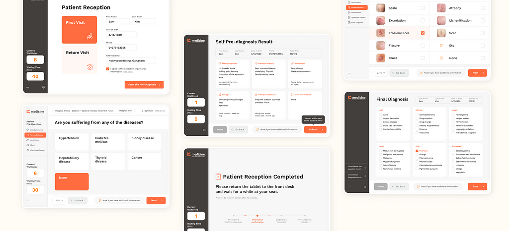 Tablet app screens of Self Pre-diagnosis Platform.