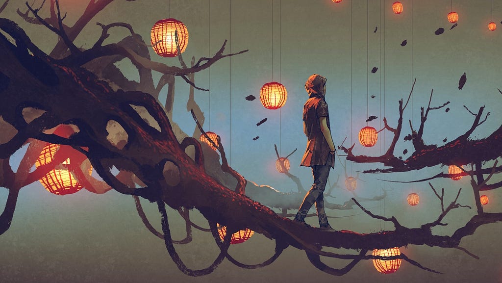 Image: Figure walking along a branch strung with glowing lanterns.