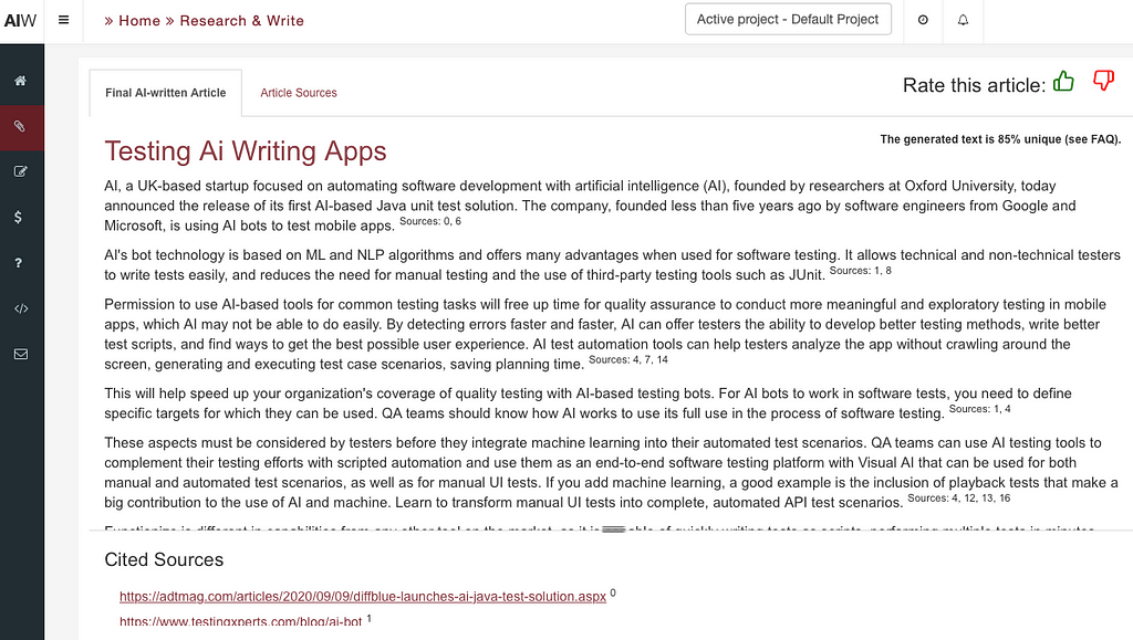 AI-Writer screenshot. Text created by AI-Writer.