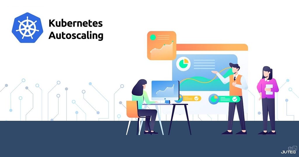 Illustration of Kubernetes Autoscaling with characters analyzing data on computer screens, featuring the Kubernetes logo and charts depicting data trends and metrics.