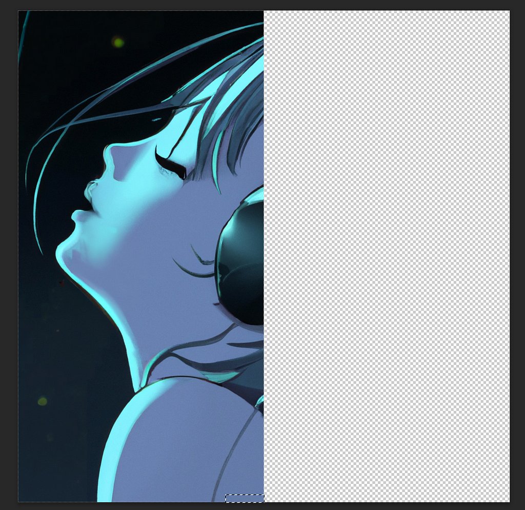 A screenshot of a 1024x1024 pixel image of girl alpha in photoshop. The image has been shifted 512 pixels to the left, leaving a transparent area that is 512 pixels wide and 1024 pixels high behind girl alpha. The image cuts off just above her fringe, so the back of her head is not part of the image (and at this point, has never been generated)