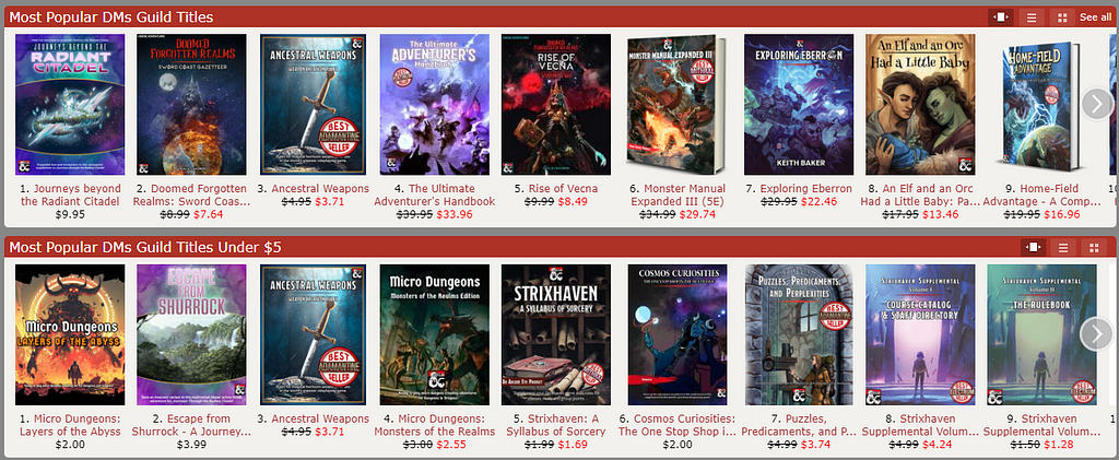 A screen capture of the Dungeon Masters Guild marketplace shows rows of cover image thumbnails vying for attention