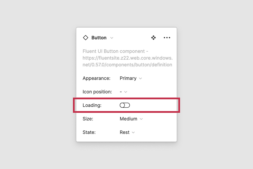 Button controls inside Figma UI variants panel highlighting the “Loading” prop