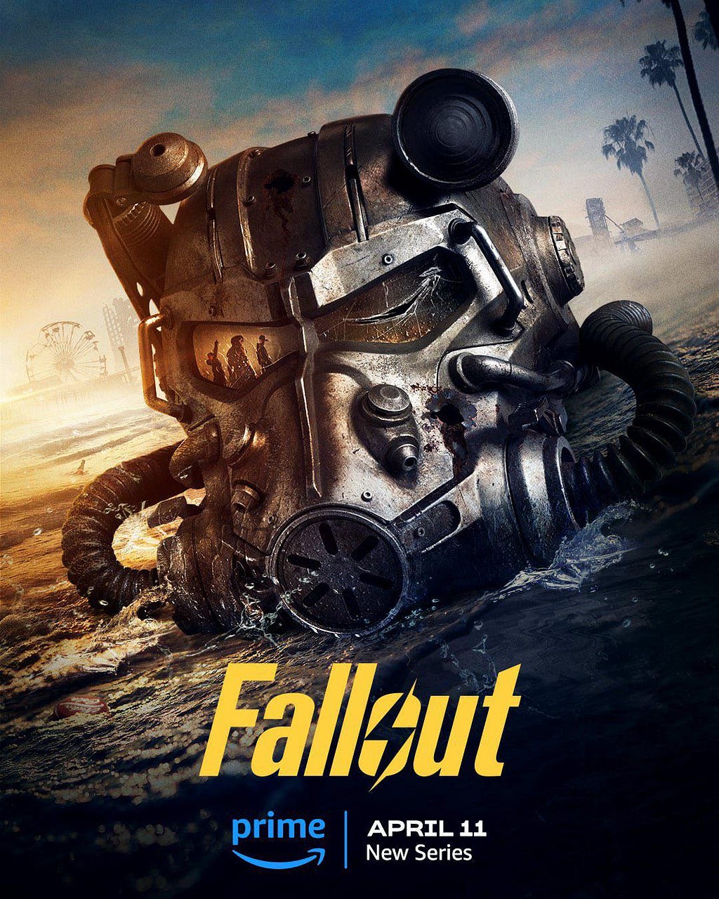 An official poster of the series showing a roughed up helmet of the Power Armour.