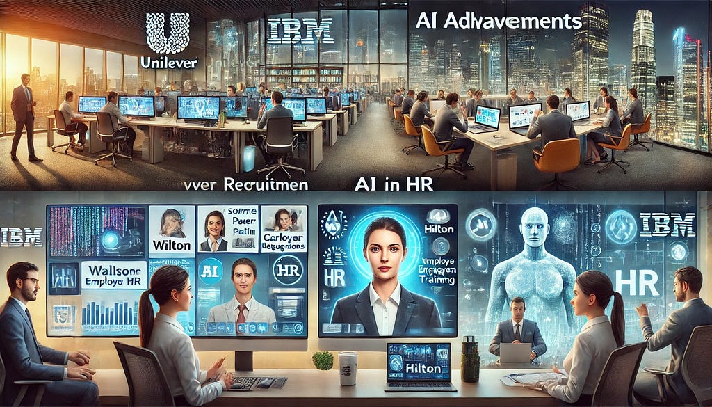 Three scenes side by side showing AI advancements in human resources: Unilever’s AI systems conducting video interviews, IBM’s Watson providing personalized career recommendations, and Hilton’s AI-driven training modules and virtual reality simulations for employee development.