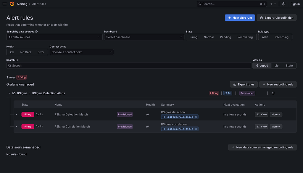 Grafana Alert rules page showing two provisioned rules in the RSigma Detection Alerts folder, both in Firing state: RSigma Detection Match and RSigma Correlation Match, each with health status ok, summaries using the .Labels.rule_title template, and next evaluation in a few seconds.