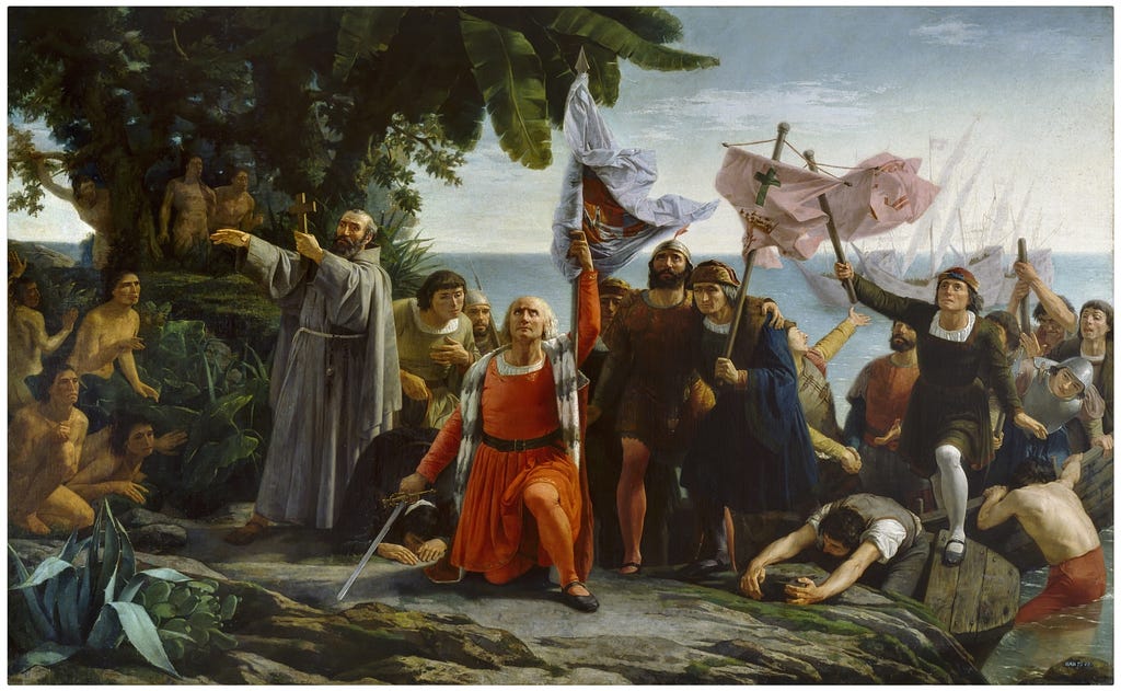 An oil painting depicting The first landing of Christopher Columbus in America. 1862. https://www.museodelprado.es/en/the-collection/art-work/the-first-landing-of-christopher-columbus-in/fe9c76e5-eae5-4586-9adb-83b8c92cbdce
