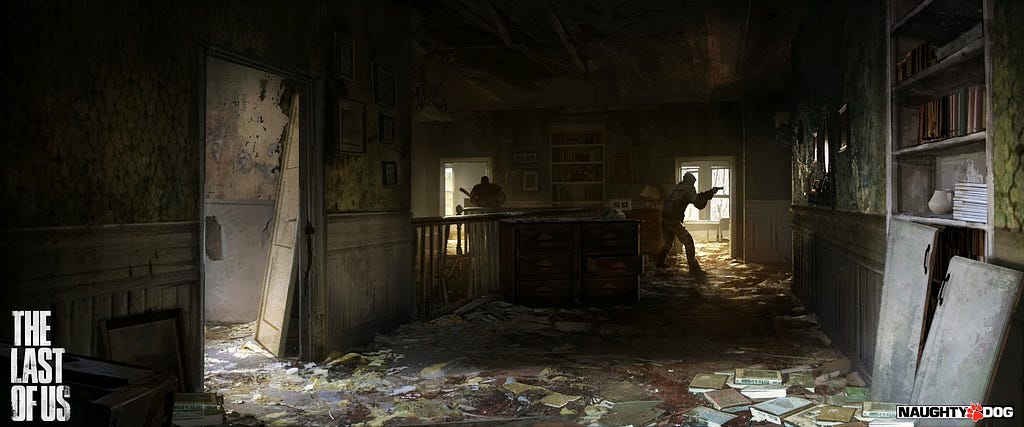 A wide shot of a the upstairs of a family home picked over multiple times. Books and trash litter the floor. Two men stand 8 feet apart, their backs are to each other. They’re armed and at the ready, clearing the house in search of their prey.