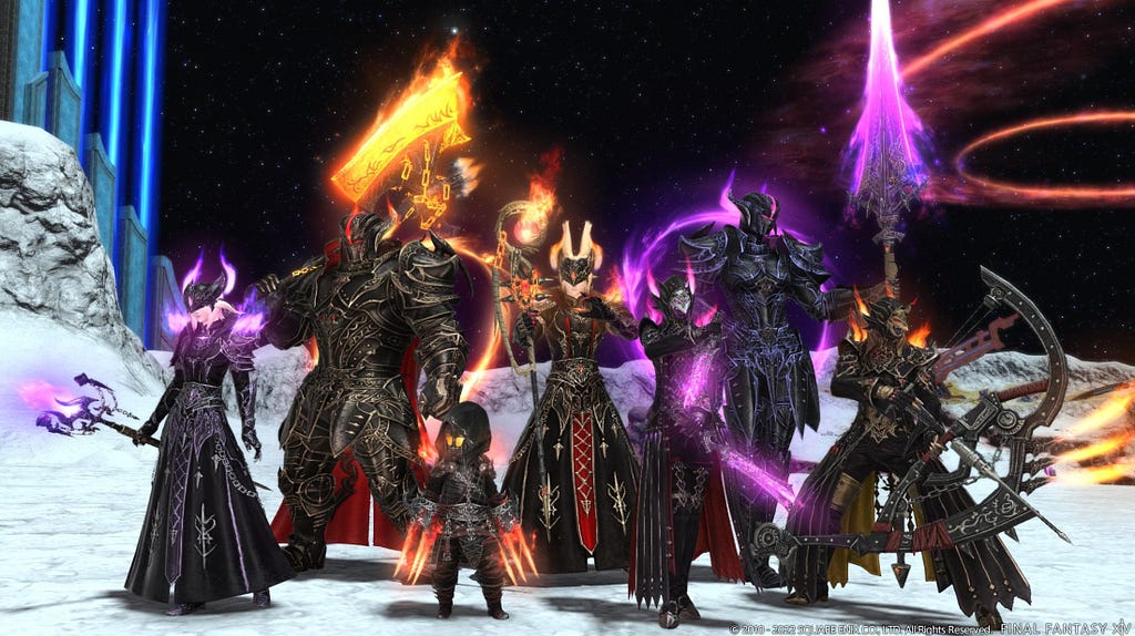 7 avatars from FF14 with Pandaemonium Abyssos Gear on the Moon. Left to right: a mage in black robes with purple hues, a Warrior in black armor with a fiery axe, a Monk in black attire and and fiery arms, a mage in black attire with fiery hues, a Ninja with black clothes and purple hues on their hood and weapons, a Dragoon in black armor and a pinkish-pointed spear with the same color pallet on their armor and a Bard with black garbs and fiery elements on their hood and Bow.