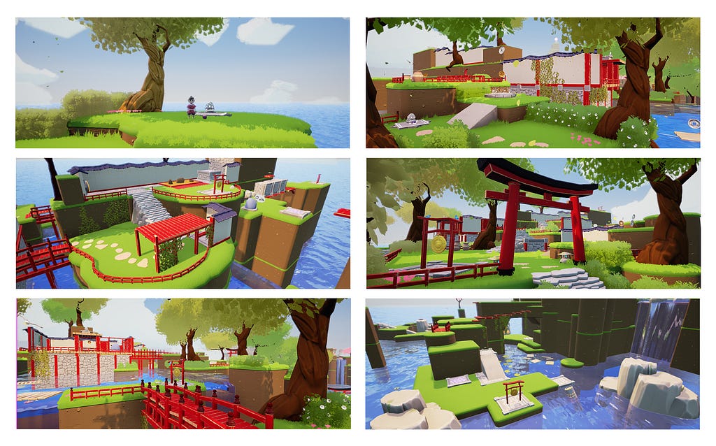 Grid of 6 stills from the video game ‘Among the Stones’, showing brightly coloured landscapes