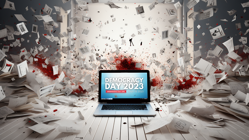 An open laptop on a white wooden floor with hundreds of pieces of paper flying all around it. The laptop is on, and the screen shows a blue desktop wallpaper with the Democracy Day 2023 logo in the middle.