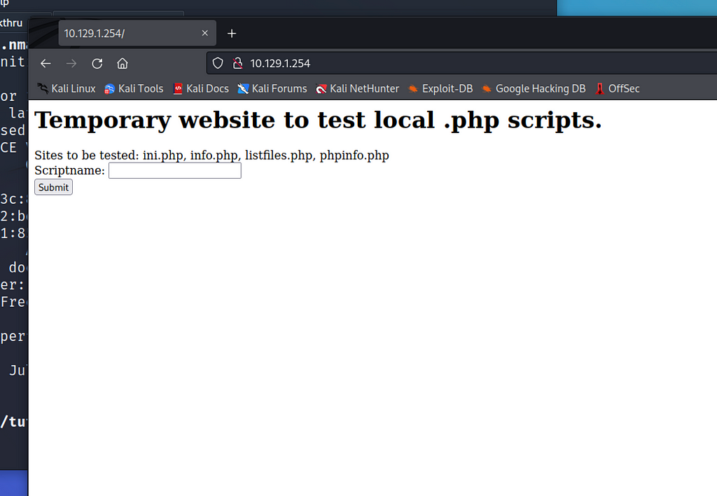 Landing page of the target web-server, contains an empty field to enter a scriptname, as well as a list of .php files, including listfiles.php, this is a huge hint at what we’re going to use as our exploitation method. Hint, it’s local file inclusion.