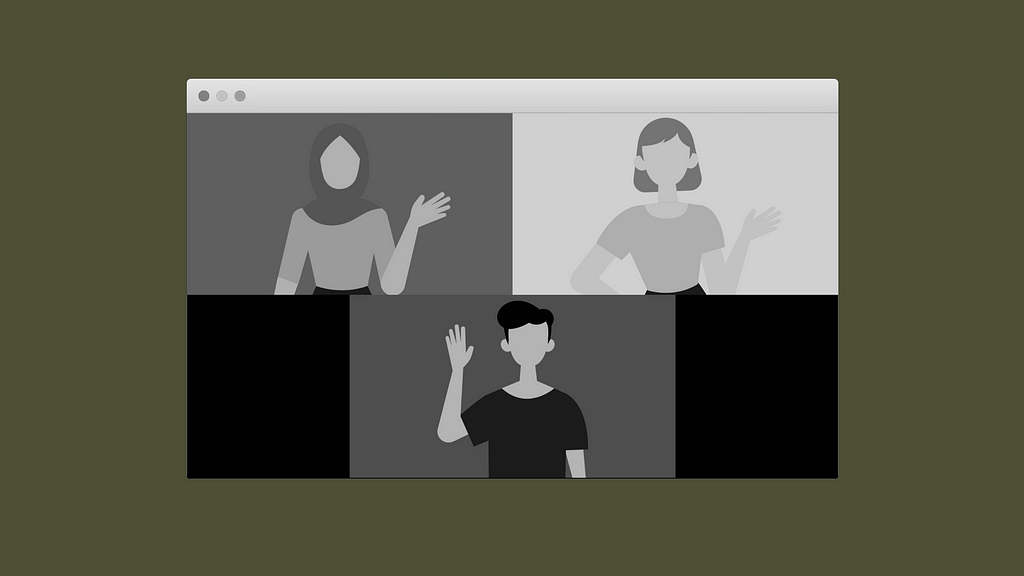 Illustration of a Zoom call with three people waving.