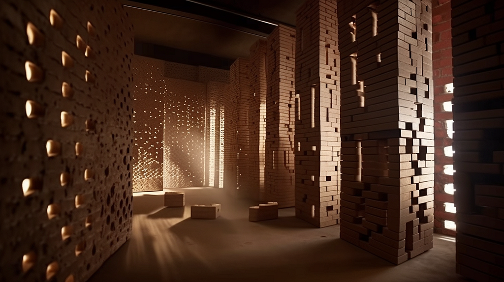 A generated image showing walls made of bricks representing the layers of neural network, light filtering through the holes and small piles of bricks on the floor