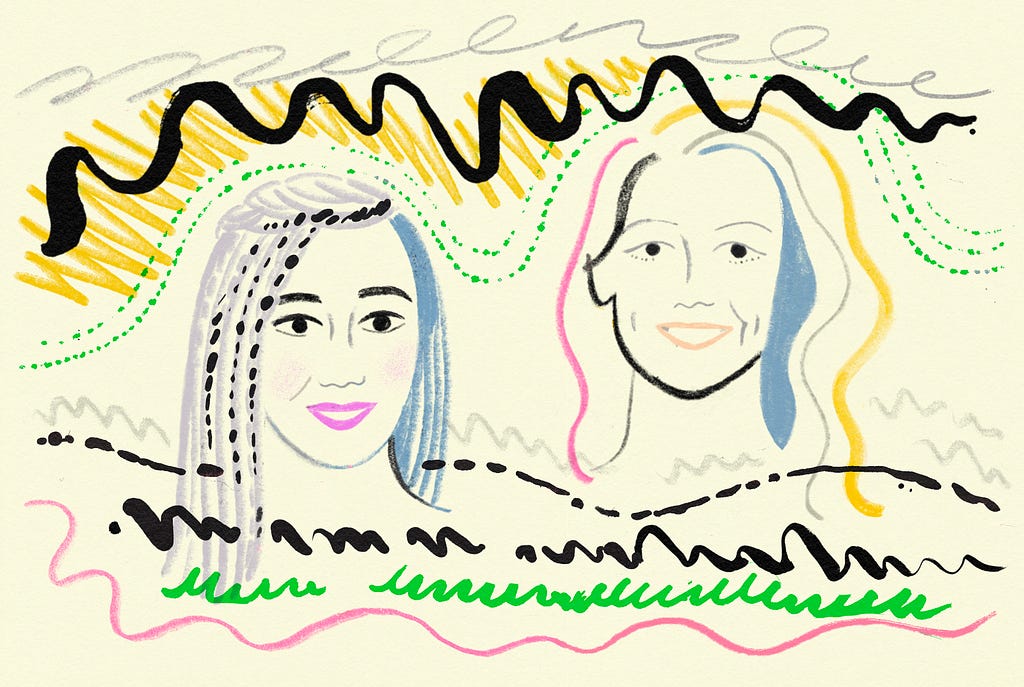 Expressive hand-drawn portrait of Courtney Heldreth, a woman with braids and Michal Lahav, a woman with long wavy hair