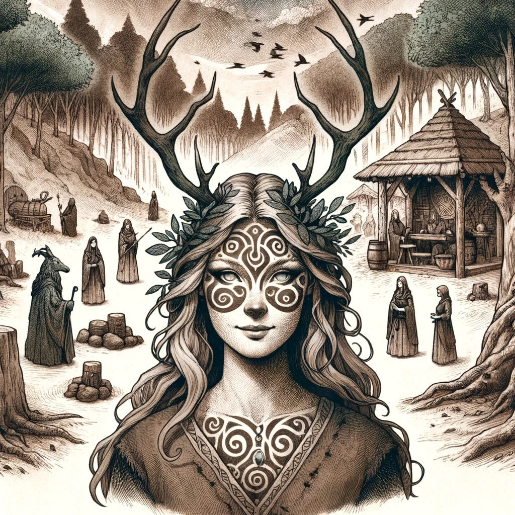 a druid woman stands before her enclave
