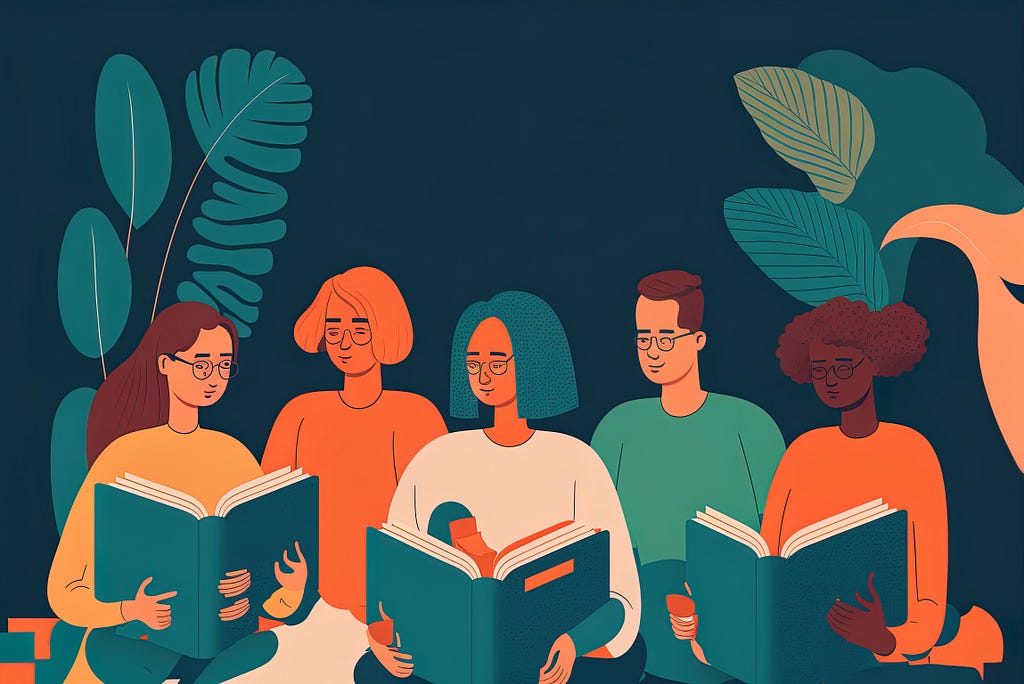 Illustration of five people wearing glasses holding books