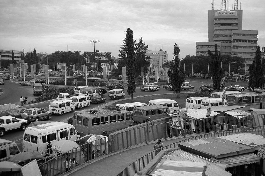 The roundabout that gives the tro-tro stop circle its name. Accra, Ghana, August 2008.