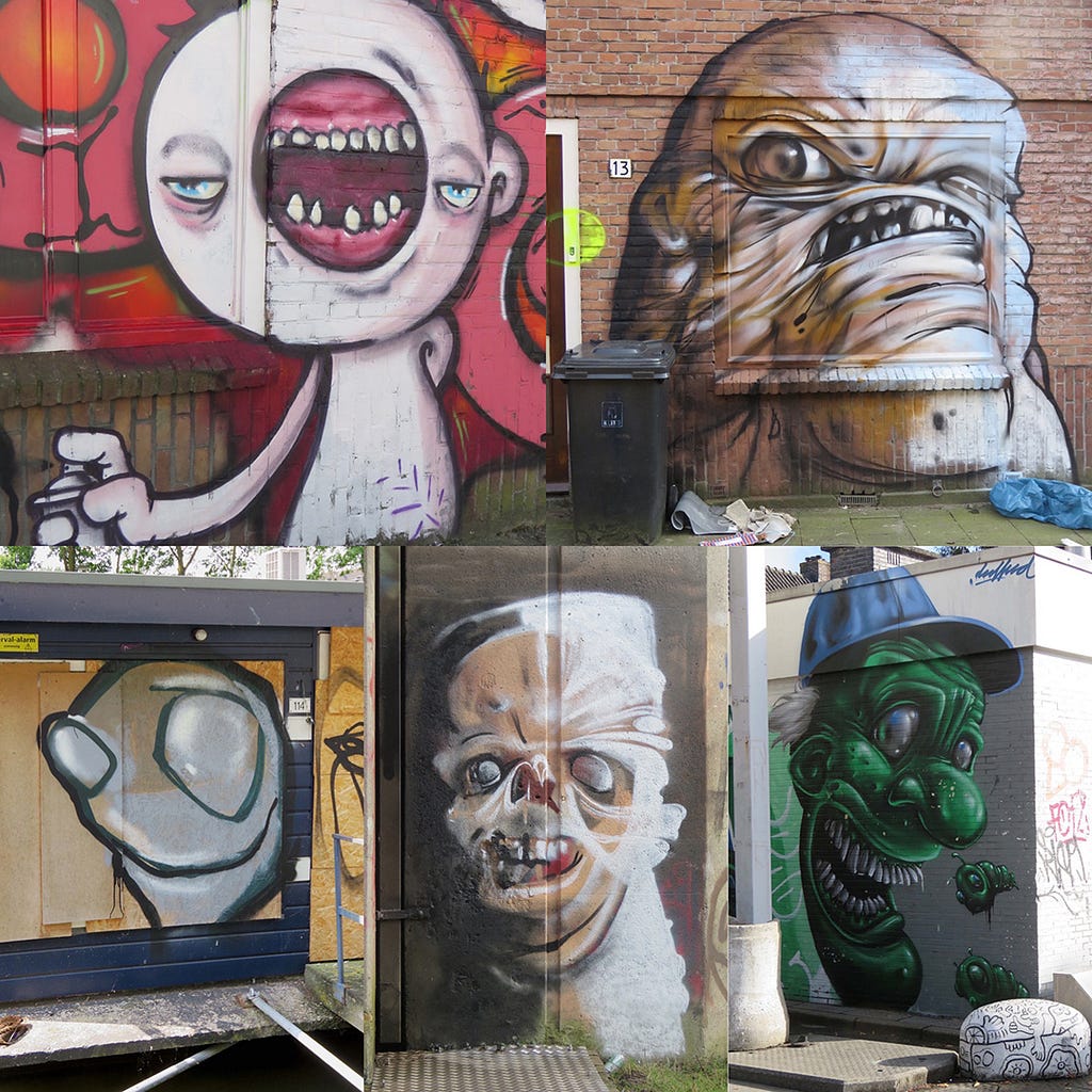 Five graffiti art faces seen on walls, images sourced from the Europeana website