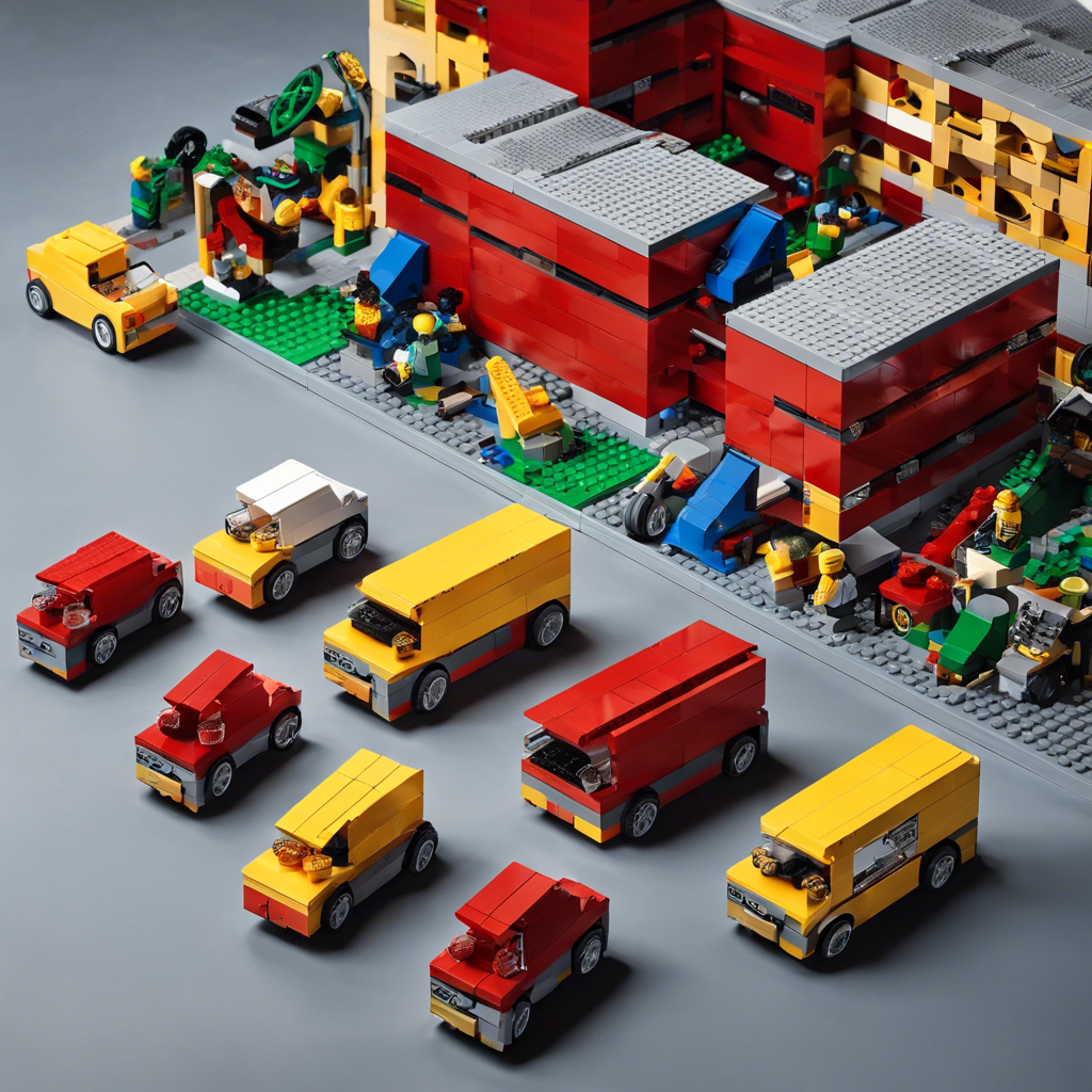 A Lego bricks factory producing various cars.