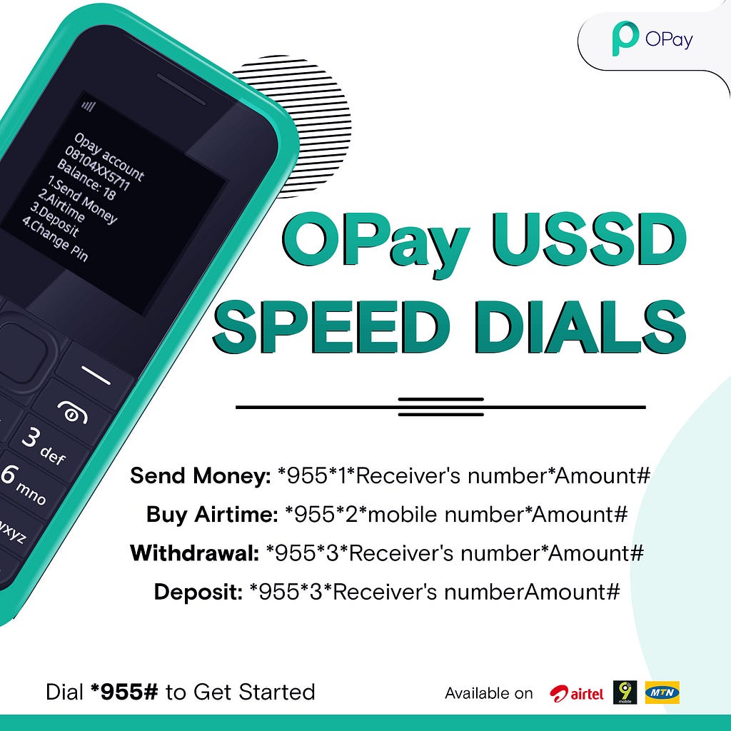 OPay advertisement listing USSD codes for Send Money, Buy Airtime, Withdrawal, and Deposit.