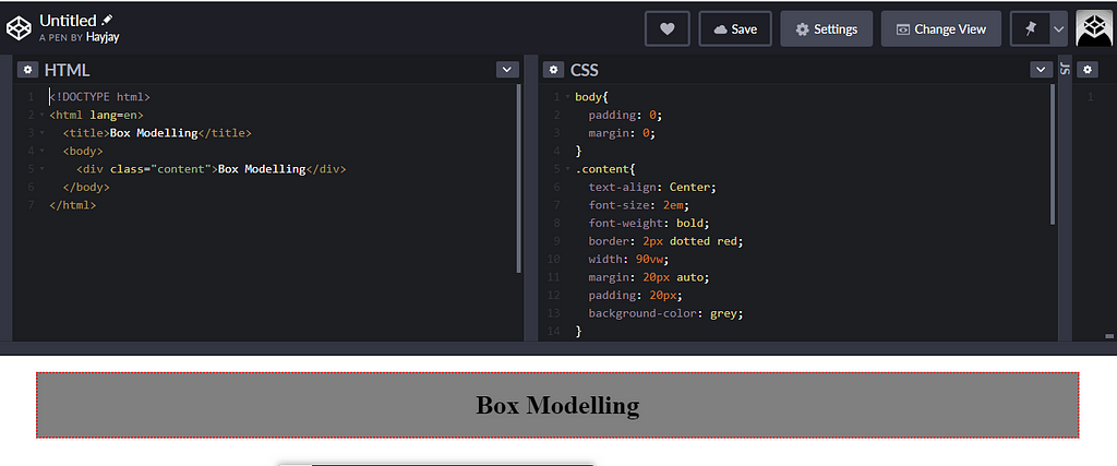 code snippet of box model