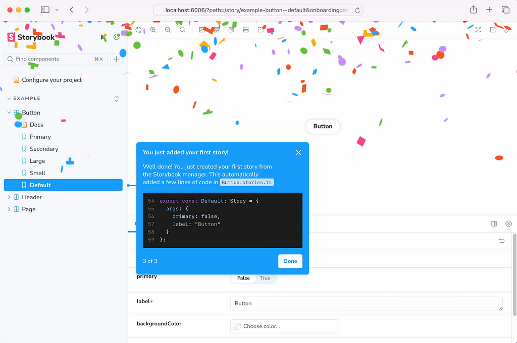 Screenshot of an onboarding step, after someone has created their first story. Confetti is raining down the screen.