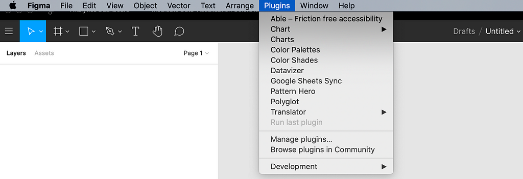 This image is of the plugin dropdown in Figma. Plugins is highlighted and the repository of plugins is shows.