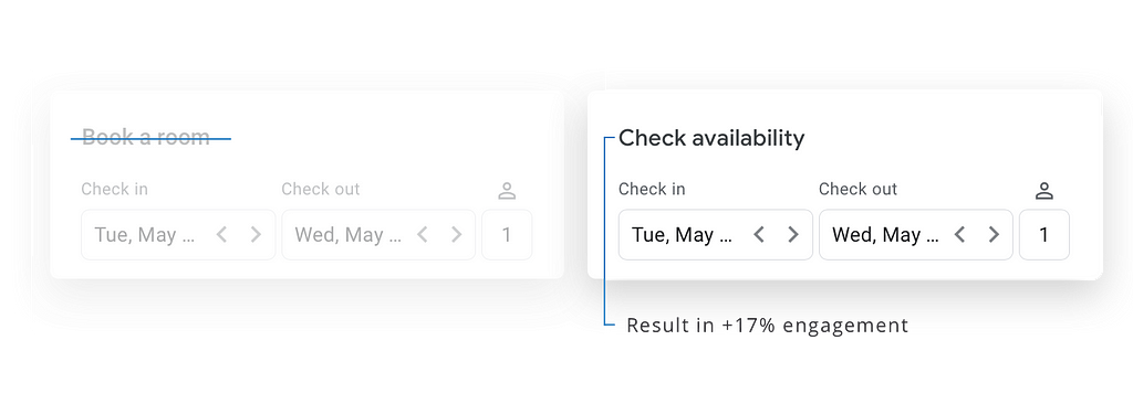 Google hotel search: microcopy iteration on interface from “Book a room” to “Check availability”