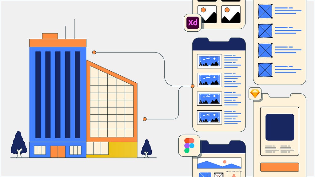 An illustration of an building connected to wireframes