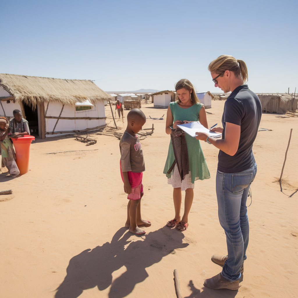 A MidJourney derived image of an aid worker taking down handwritten notes with a clipboard, another aid worker and the child they are interviewing stand in a dusty village of shacks. Nearby a relative is talking on their mobile phone.