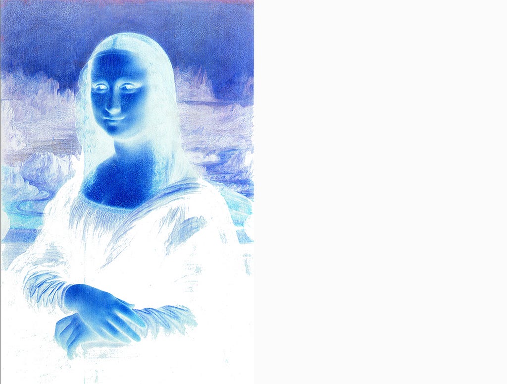 Mona lisa with colors inverted next to blank white space of equal size.