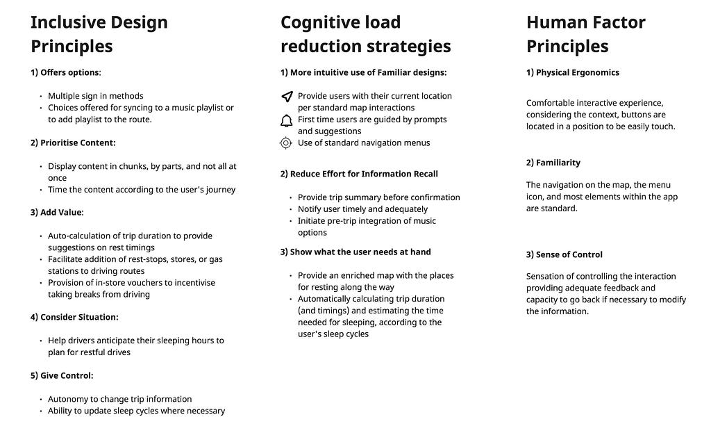 This image shows the full list of considerations for inclusive design, cognitive load reduction strategies and human factor principles.