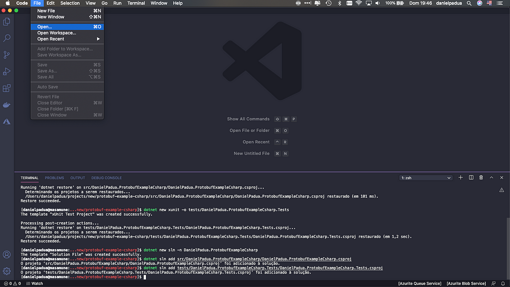 An image showing Visual Studio Code open menu with the terminal opened