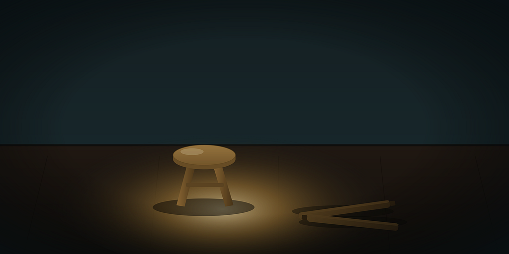 A four-legged stool standing on two legs, the other two detached and lying beside it.