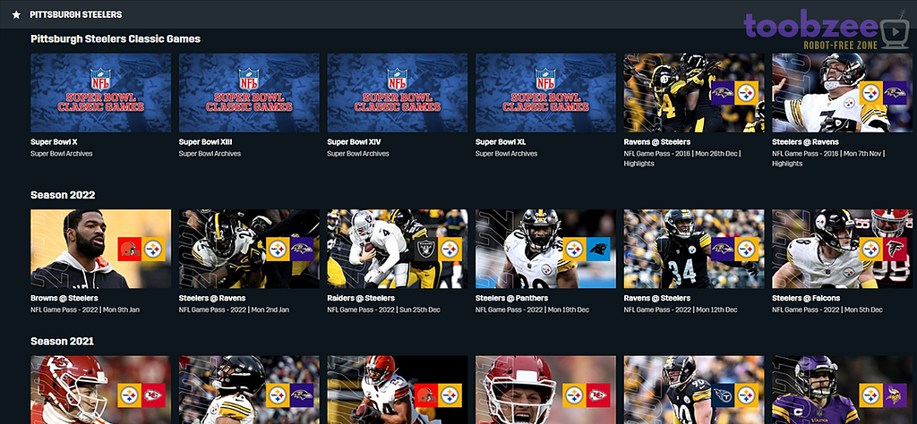 Screenshot of Game Pass on DAZN showing Steelers previous seasons and games