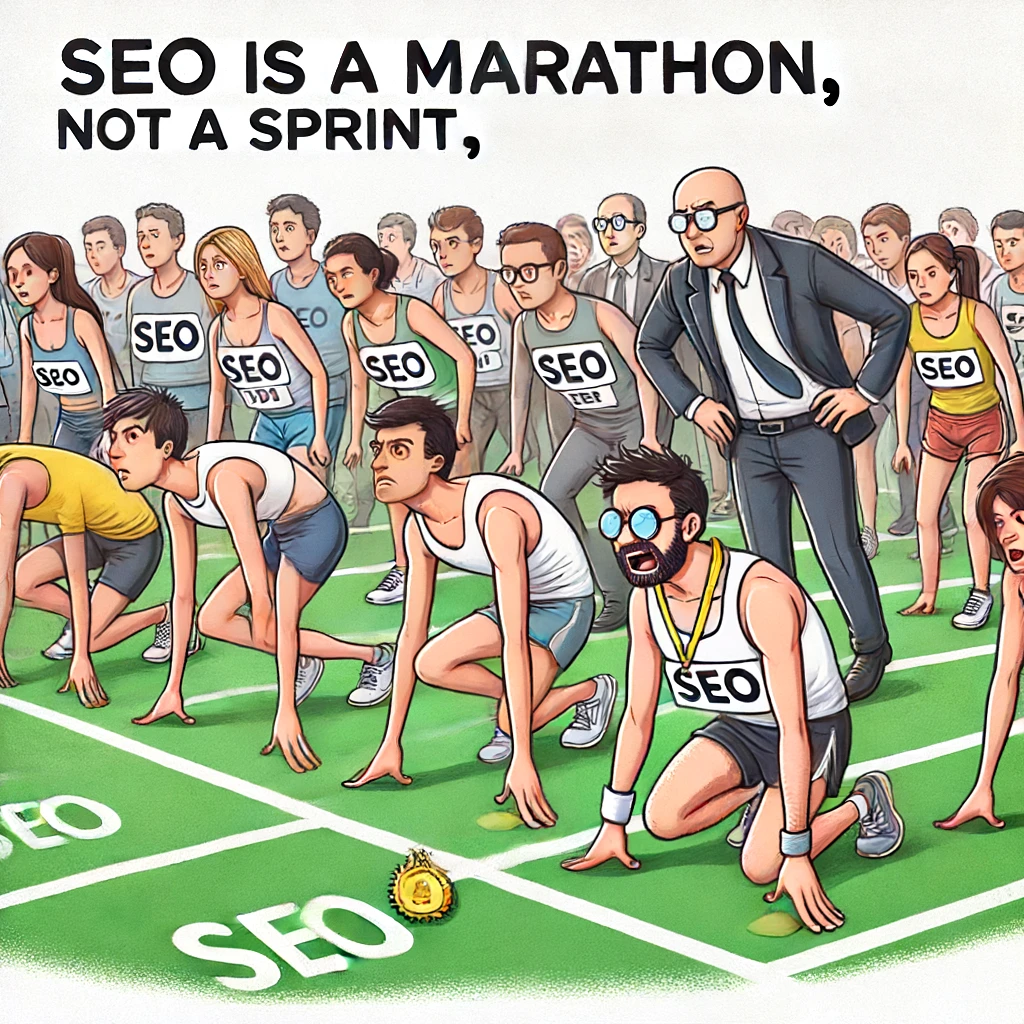 Cursa SEO vs. Sprint: O cursă în care antreprenorii sunt pe linia de start, unii echipați pentru un sprint scurt, iar alții pentru un maraton lung. Agentul SEO explică că SEO este un maraton, nu un sprint, iar cei pregătiți pentru sprint arată frustrați și epuizați după doar câțiva pași.