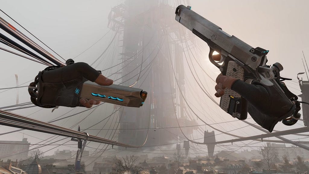 Screenshot of a weapon reload sequence in Half-Life: Alyx, showing the player’s hands interacting with the gun in a realistic, VR environment.