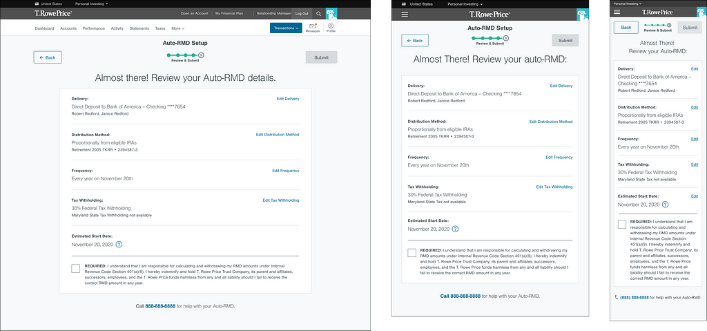 Screenshots of the fifth step of the Auto RMD experience, including desktop, tablet, and mobile experiences.