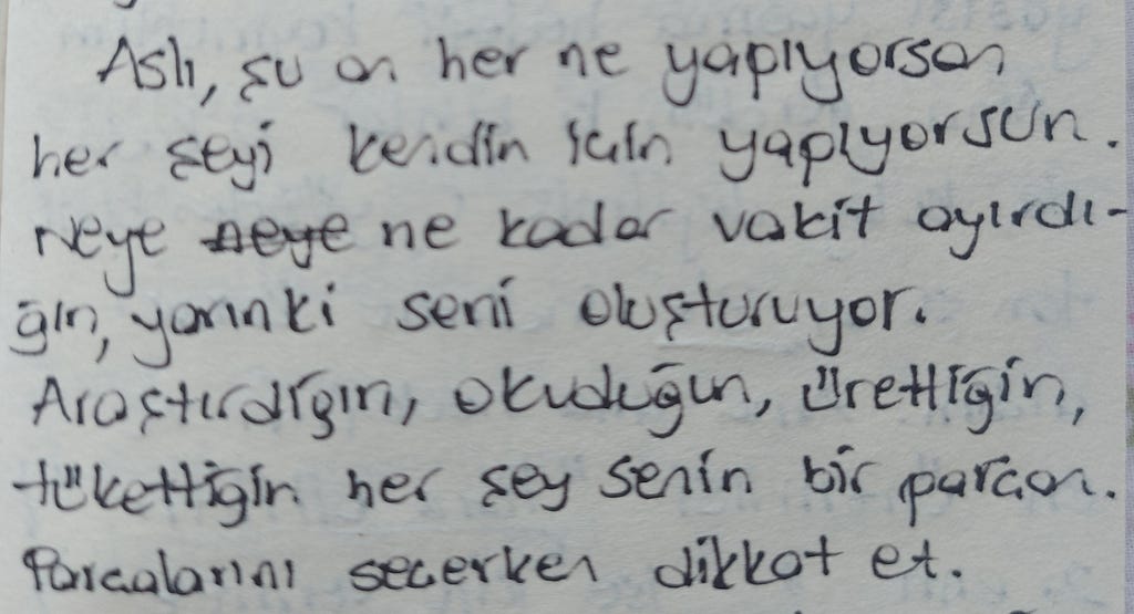 Aslı, şu an her ne yapıyorsan her şeyi kendin için yapıyorsun. Neye ne kadar vakit ayırdığın yarınki seni oluşturuyor. Araştırdığın, okuduğun, ürettiğin her şey senin bir parçan. Parçalarını seçerken dikkat et.