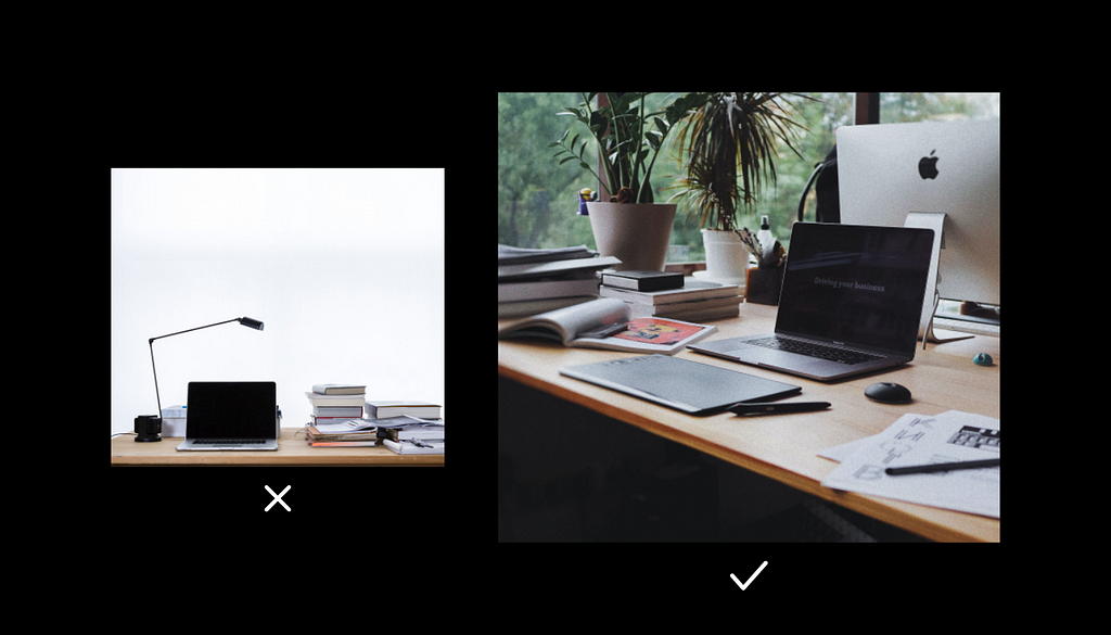 Two stock photos of a laptop on a desk. One is shot head on and feels staged, the other is at an angle and looks more natural.