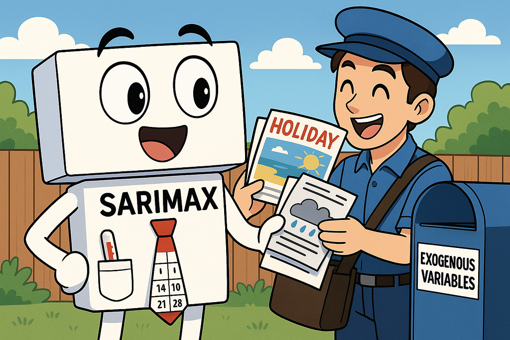 Cartoon SARIMAX accepting holiday flyers and weather reports from a friendly mailman