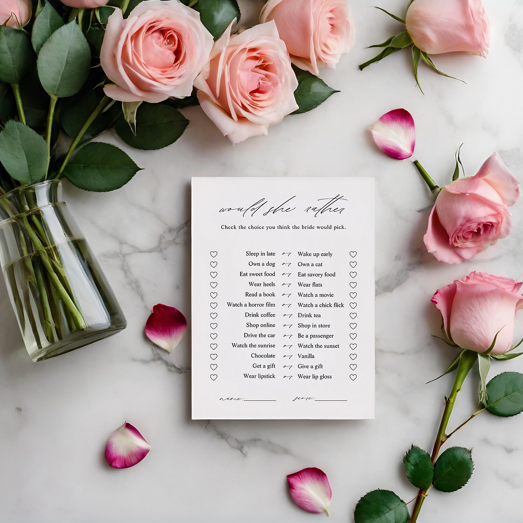 Elegant Would She Rather Bridal Shower Game Card