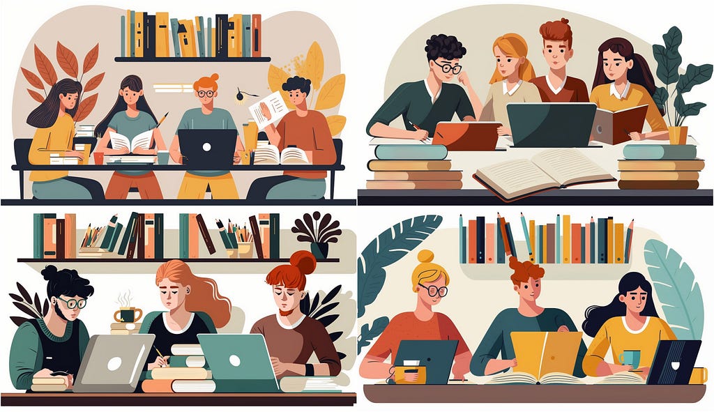 An illustration of a group collaborating around books and computers. Sourced from Adobe Stock.