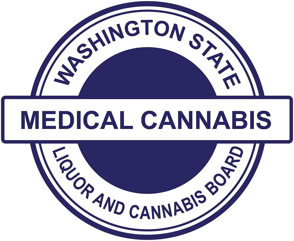 An image of the medical cannabis endorsement sticker from the LCB, a blue circle surrounded by “Washington State Liquor and Cannabis Board” with “Medical Cannabis” in the middle on a white background