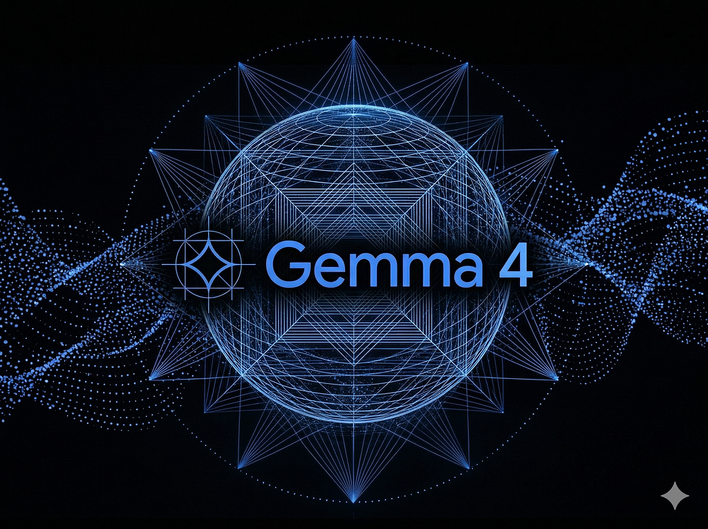 A technical logo graphic on a black background, centered on the blue text ‘Gemma 4’ and an intricate concentric geometric wireframe sphere. Fine blue particle data fields flow across the image.