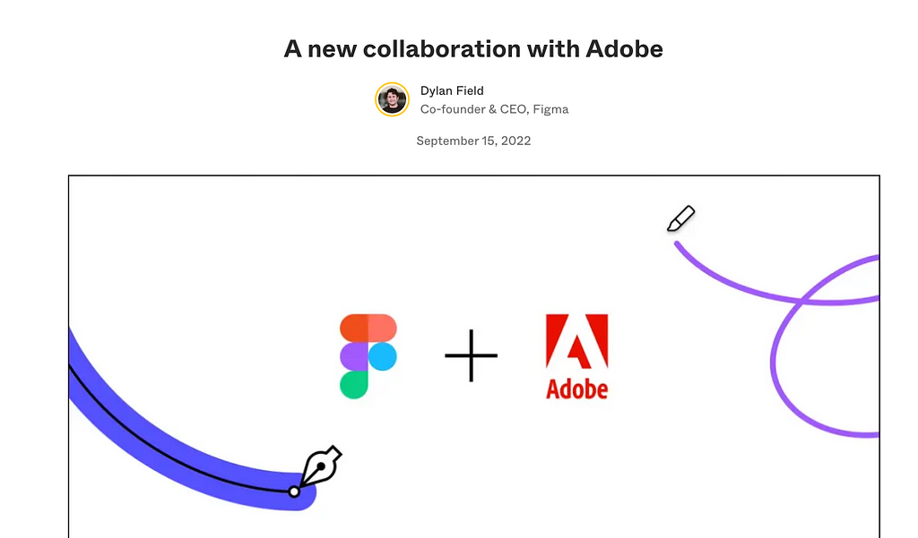 Screenshot from the Figma announcement about their acquisition by Adobe. Figma logo and plus sign of the Adobe logo