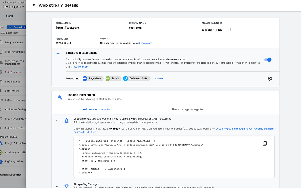 Google Analytics Tacking Id page