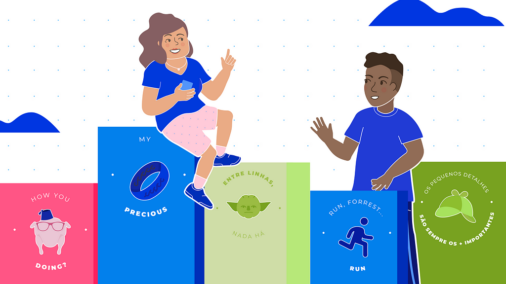 Imagem com fundo ilustrações em tons de azul, rosa e verde. Há 5 barras com os valores do shape de atendimento do Asaas: Interesse genuíno pelo cliente, Transparência, Eficiência, Respeito e Atendimento Humanizado. Acima, há figuras de dois personagens conversando.